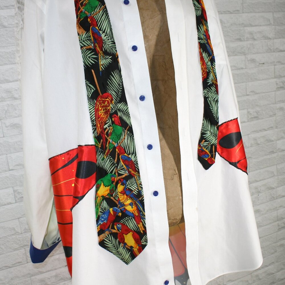HAND CRAFTED Upcycled Shirt Shacket White Lace Swim Cover Butterfly Parrot Tie - Picture 3 of 16